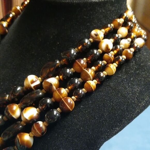 Faux Tiger Eye Graduated Shapes  & Sized Beads Multiple Strands Gold Tone - Picture 2 of 11